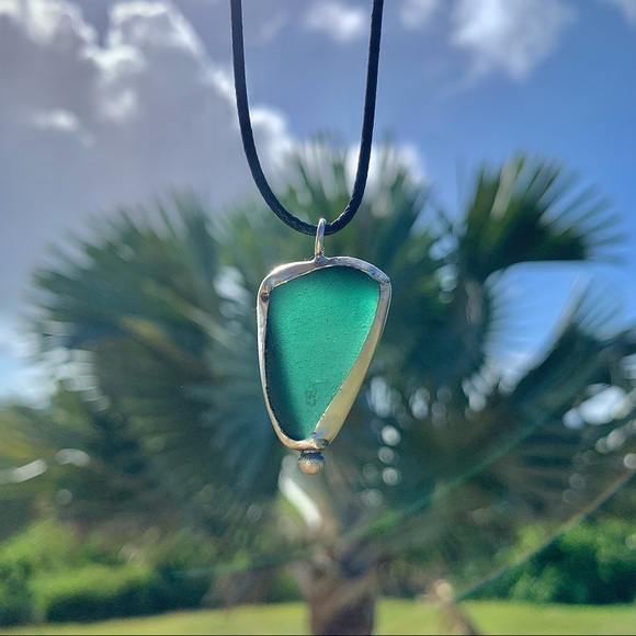 Hand Crafted Jewelry - *SOLD* Handmade silver soldered necklace rare teal blue Sea glass Puerto Rico